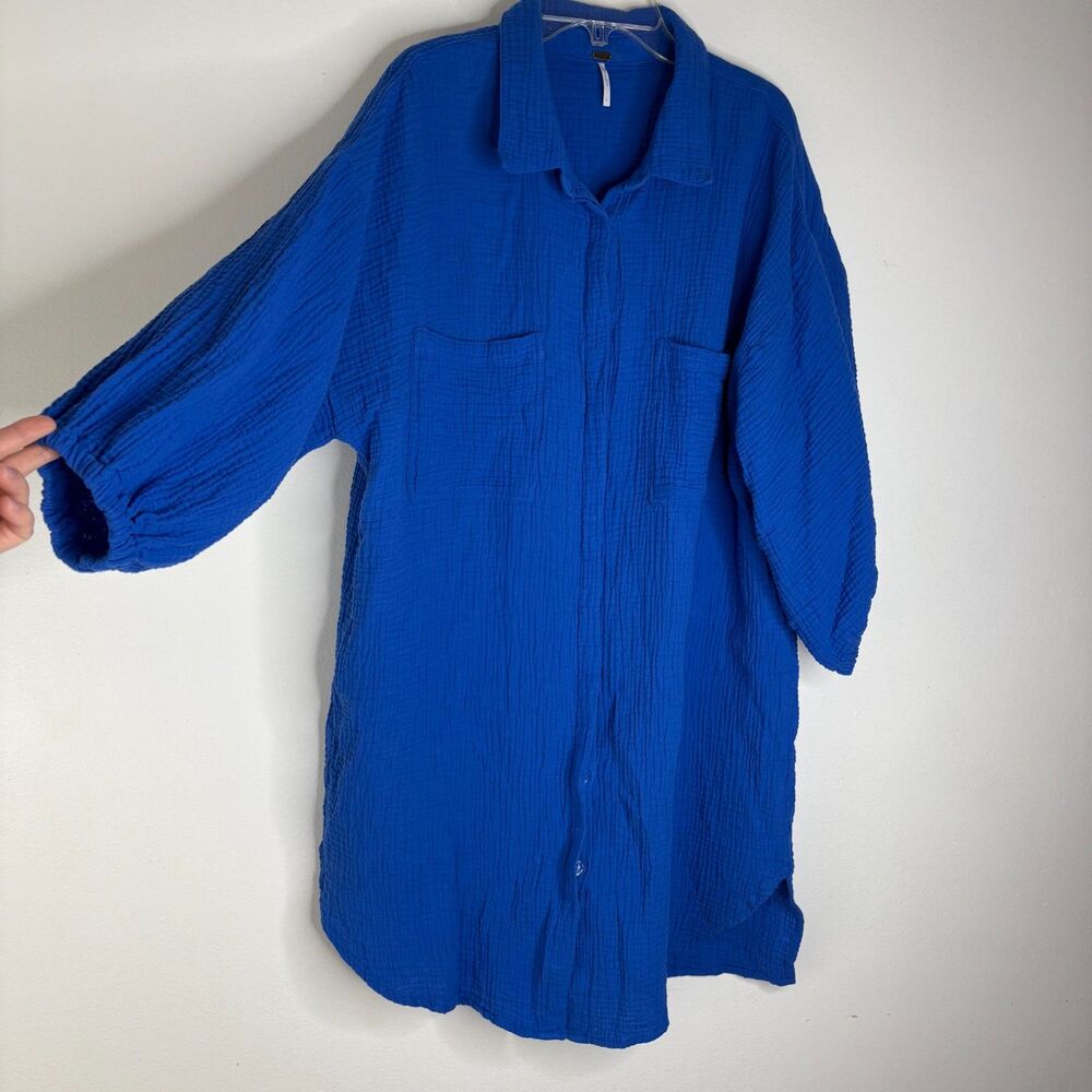 YFB Young Fabulous & Broke Blue Cotton Gauze Button Front Shirt Dress L